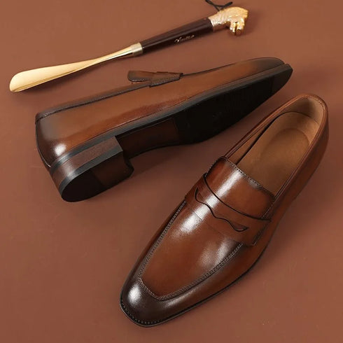 Elegant Genuine Leather Slip-On Oxford Loafers for Men - Formal and Casual Dress Shoes for Office & Career with Pointed Toe Design